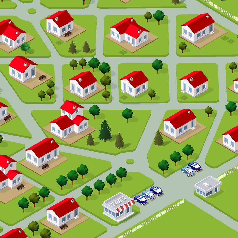 A glance at the isometric 3D illustration view of a cottage townhouse bungalow, residential, villa village from above. Streets, houses, real estate plots are shown. vector