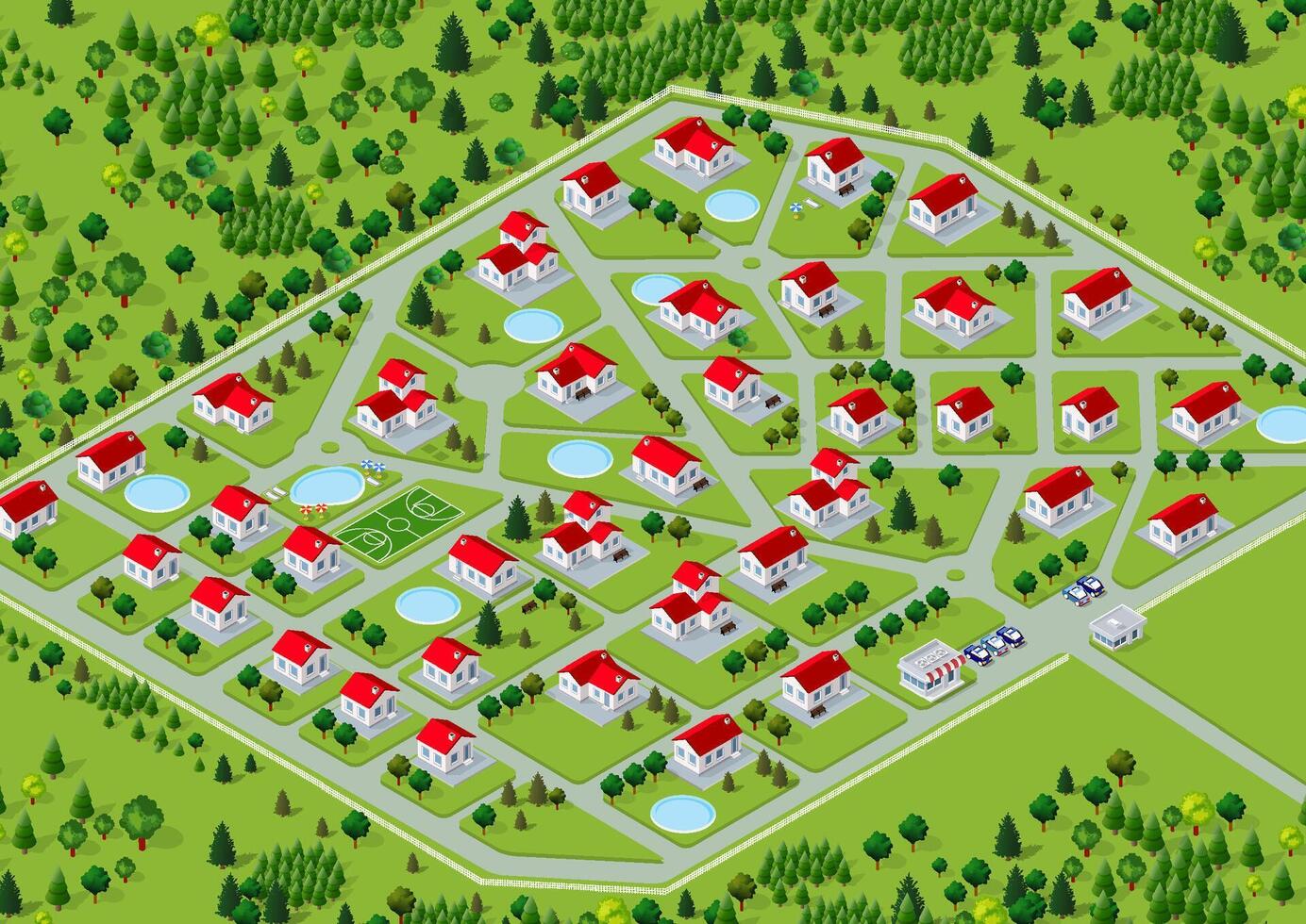 An isometric 3D illustration view of a cottage townhouse bungalow, residential, villa village is shown. Streets, houses, and plots for real estate development are shown. vector