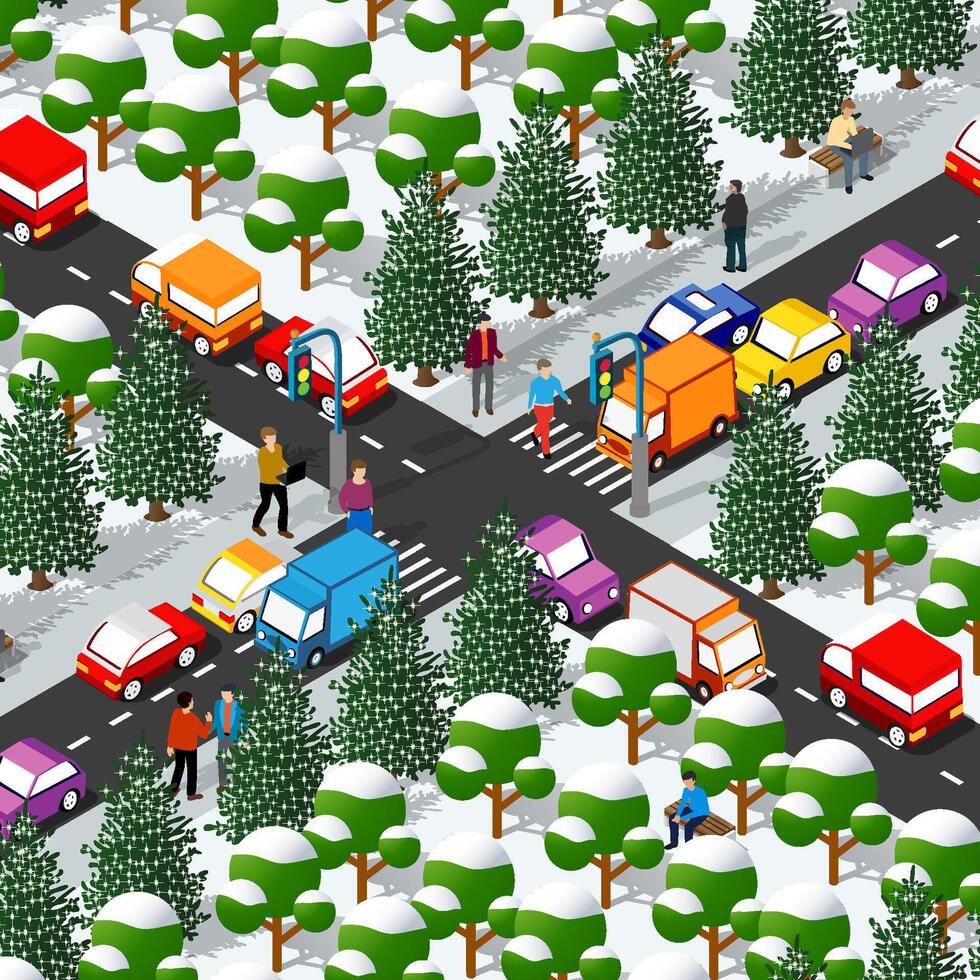 An isometric 3D illustration of a winter city, comprising cars, and other design elements, is presented. A Christmas 3D cars stands in a winter forest. vector