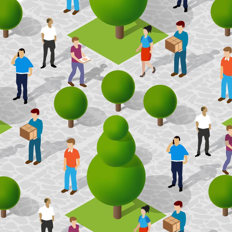 The scene of city life. People walking and resting in the park of urban infrastructure with trees and walking paths. 3D illustration vector