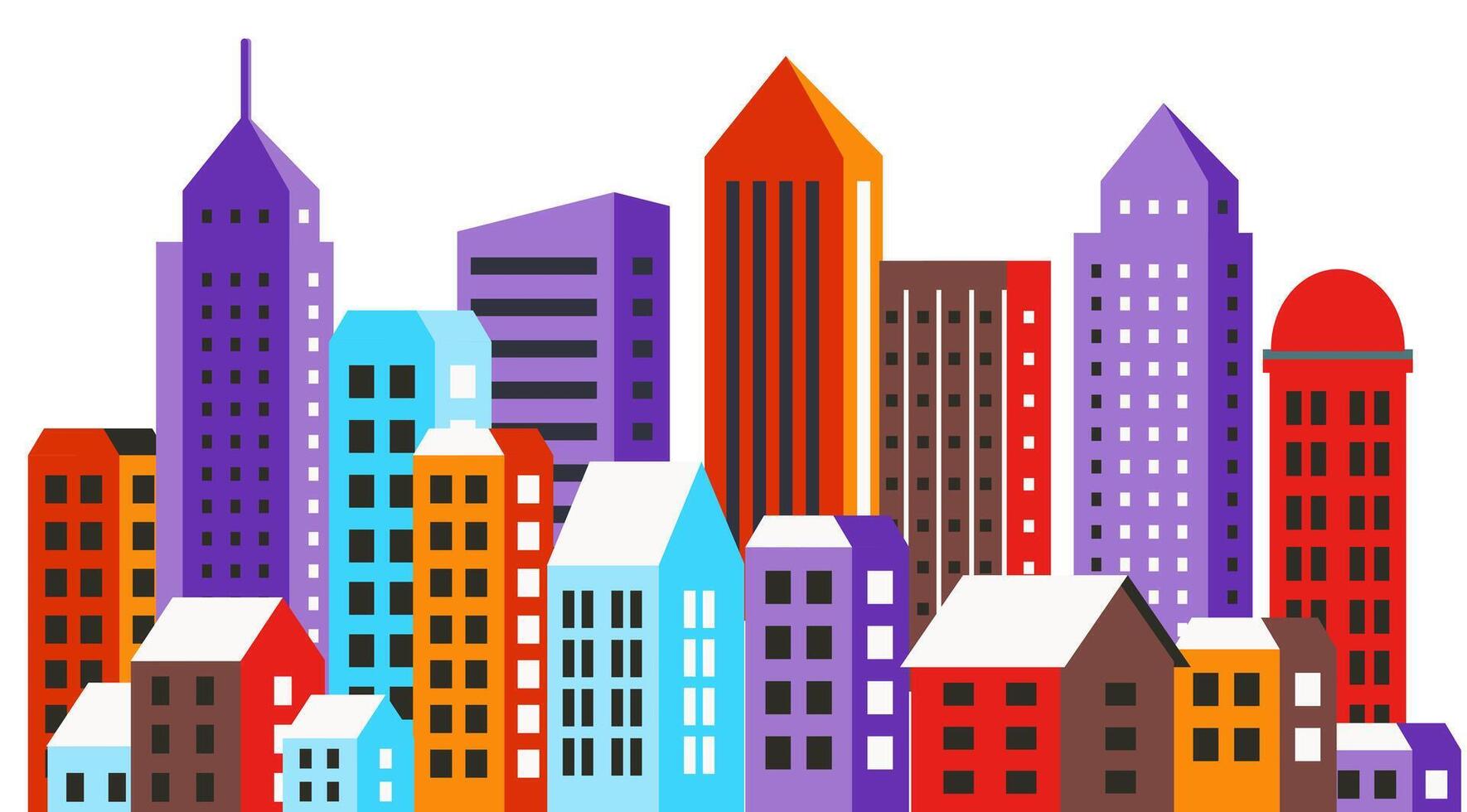 Silhouette of the winter Christmas New Year flat downtown town with houses, windows and roofs covered with snow. 3D illustration. vector