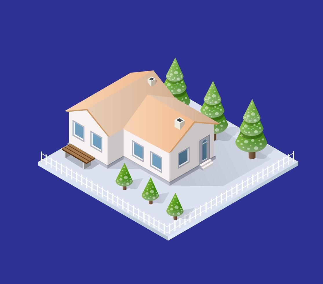 Christmas country to the villa cottage snow-covered snowflakes New Year Eve. 3D Isometric Illustration vector