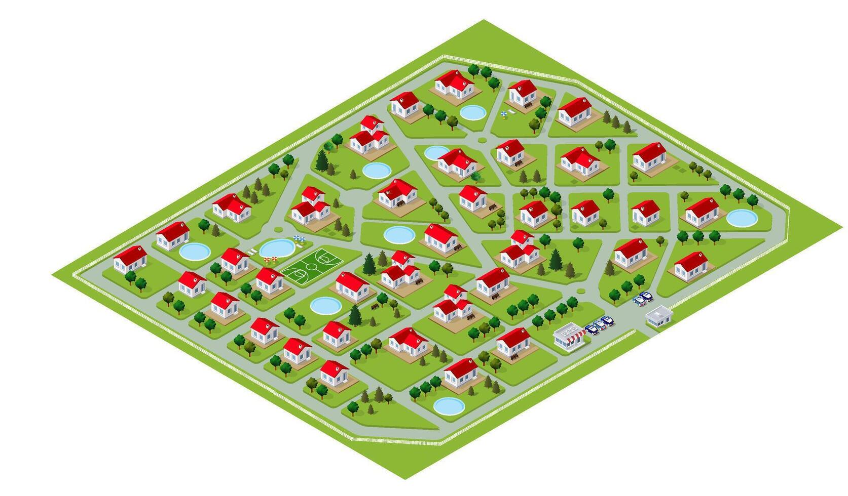Map of the map of the cottage townhouse bungalow, residential, villa village in isometric 3D illustration view from above. View of streets, houses, plots for the construction and sale of real estate. vector