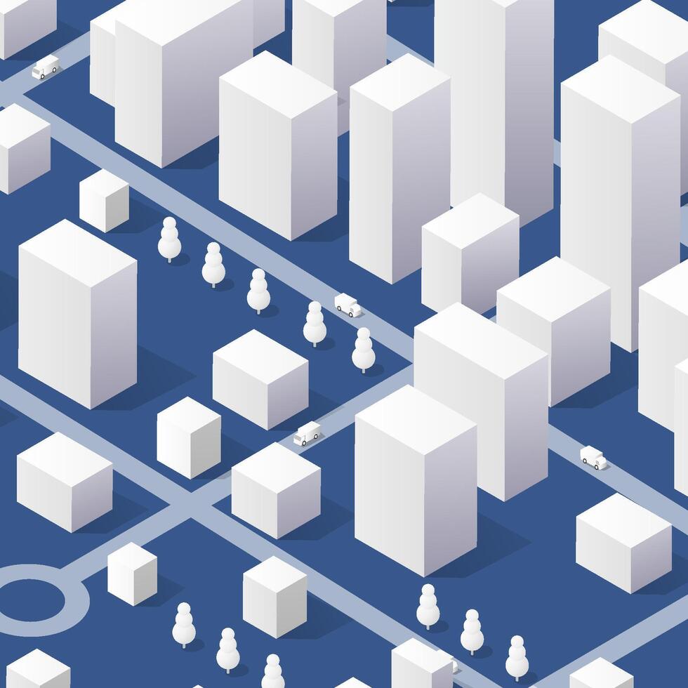Isometric view of the city quarter with houses, streets and trees 3D illustration vector