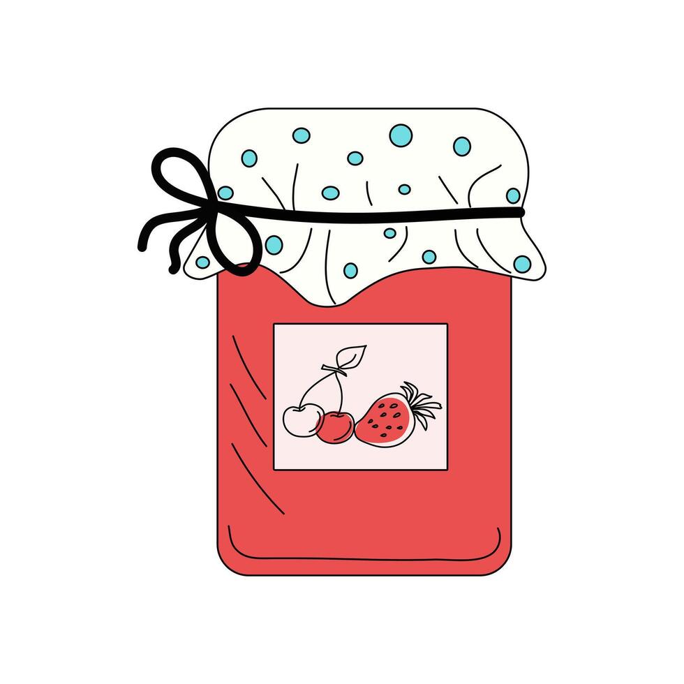 Jar of jam, icon, fruits and berries. Harvest. Drawing, doodle. Natural product. Healthy food, sweet dessert. Isolated background. vector