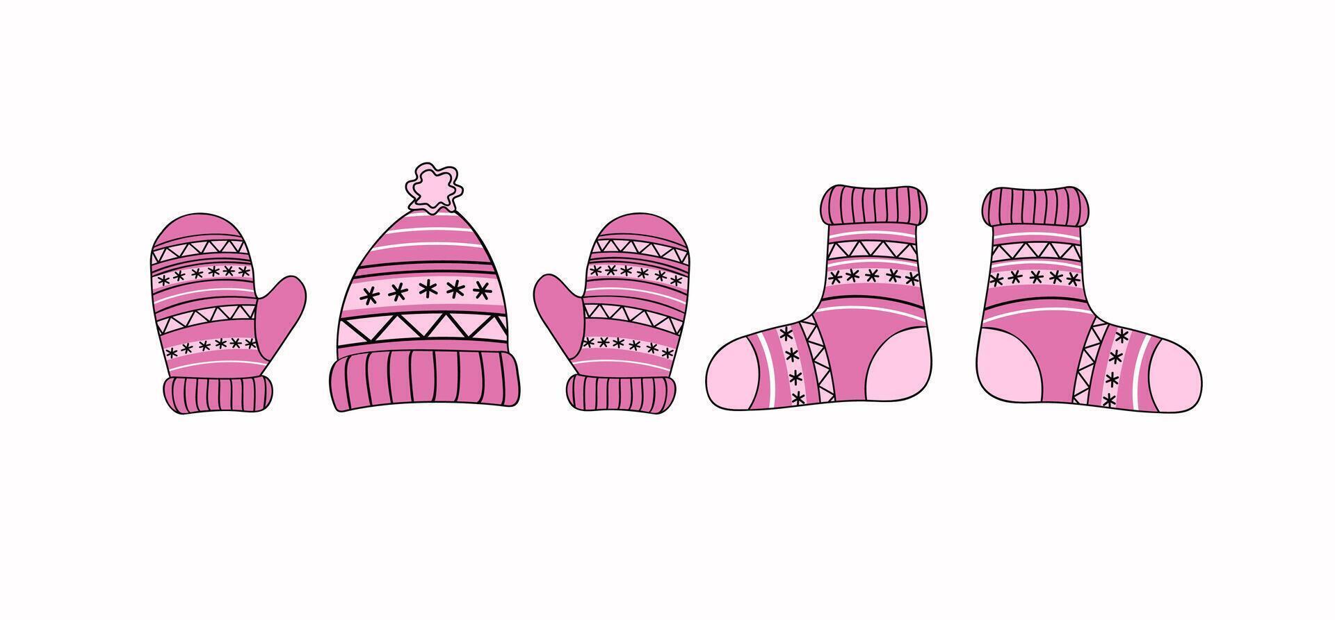 Warm cozy knitted clothes. Handicraft, handmade. Set of icons of mittens, socks and hat with ornament. Autumn, winter season. Illustration, isolated background. vector
