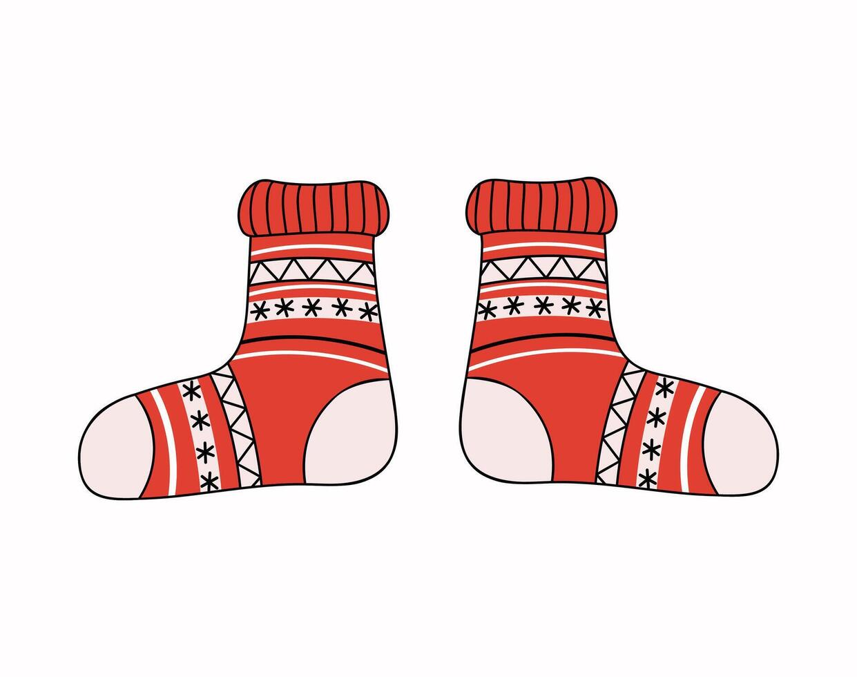 Pair of socks with Christmas ornament. Warm cozy knitted clothes. Handmade, needlework, knitting. Wool socks. Autumn, winter season. Illustration on isolated background. vector