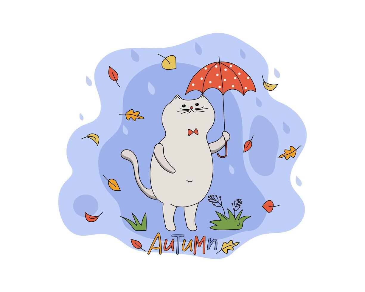 Cartoon cat with umbrella. Autumn leaves. Rain, leaf fall. Fall season. Raindrops. Pet, walk. Background isolated. vector