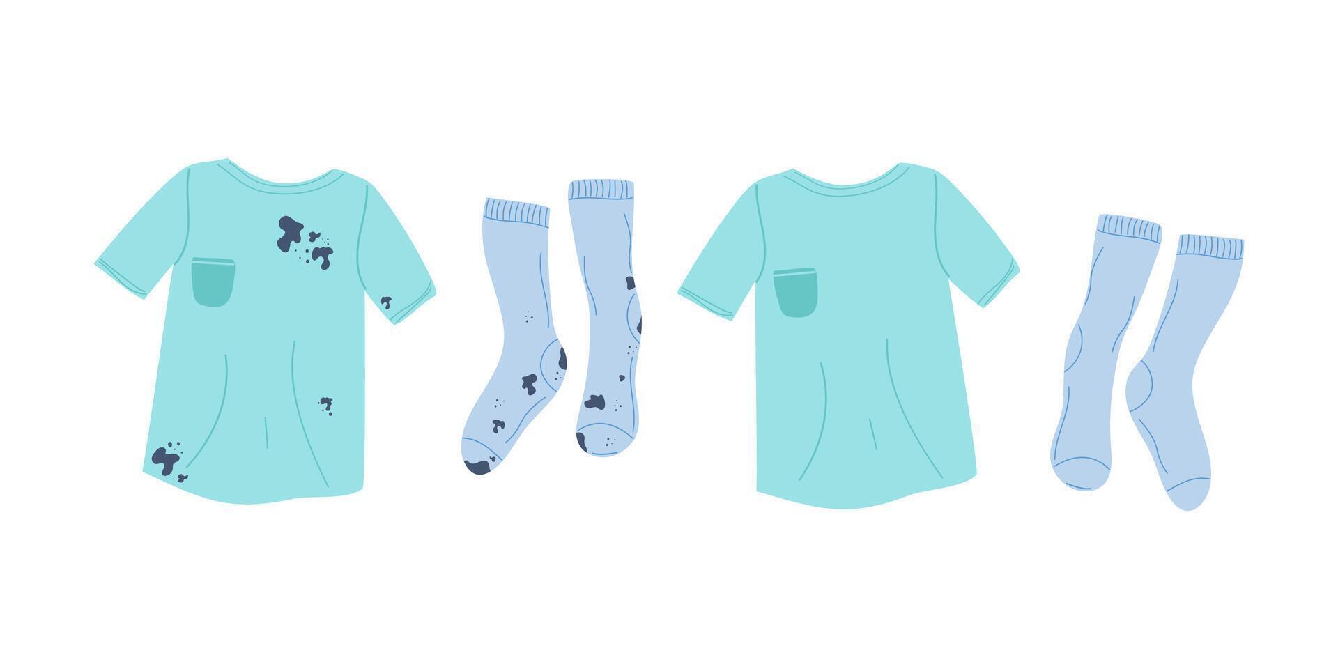 Clean clothes and dirty clothes with stains. T-shirt, socks. Clothes stained with dirt and washed. Bad-smelling socks. Laundry care, washing. Illustration isolated on white background. vector