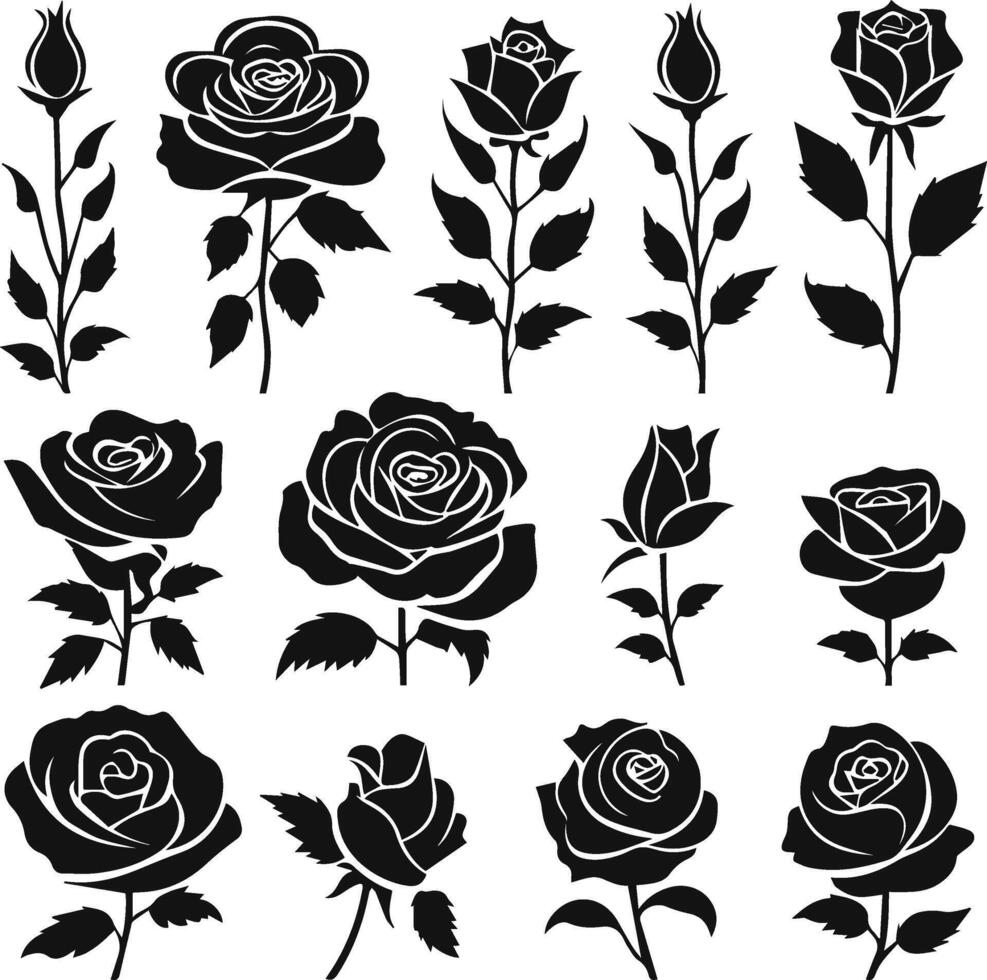 set of rose flowers illustration silhouette image icon vector
