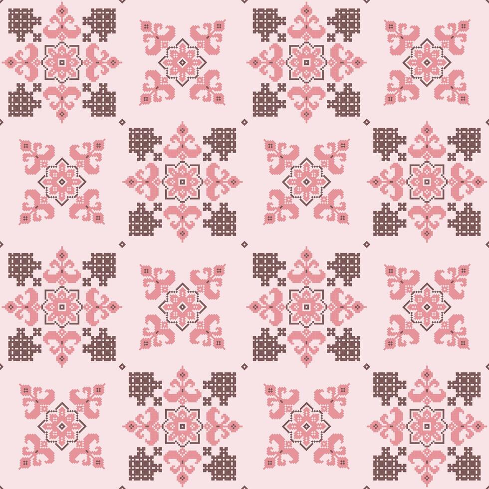 This one features a seamless and symmetrical floral pattern in shades of pink and brown. The overall style of the pattern is traditional and reminiscent of textile design. vector