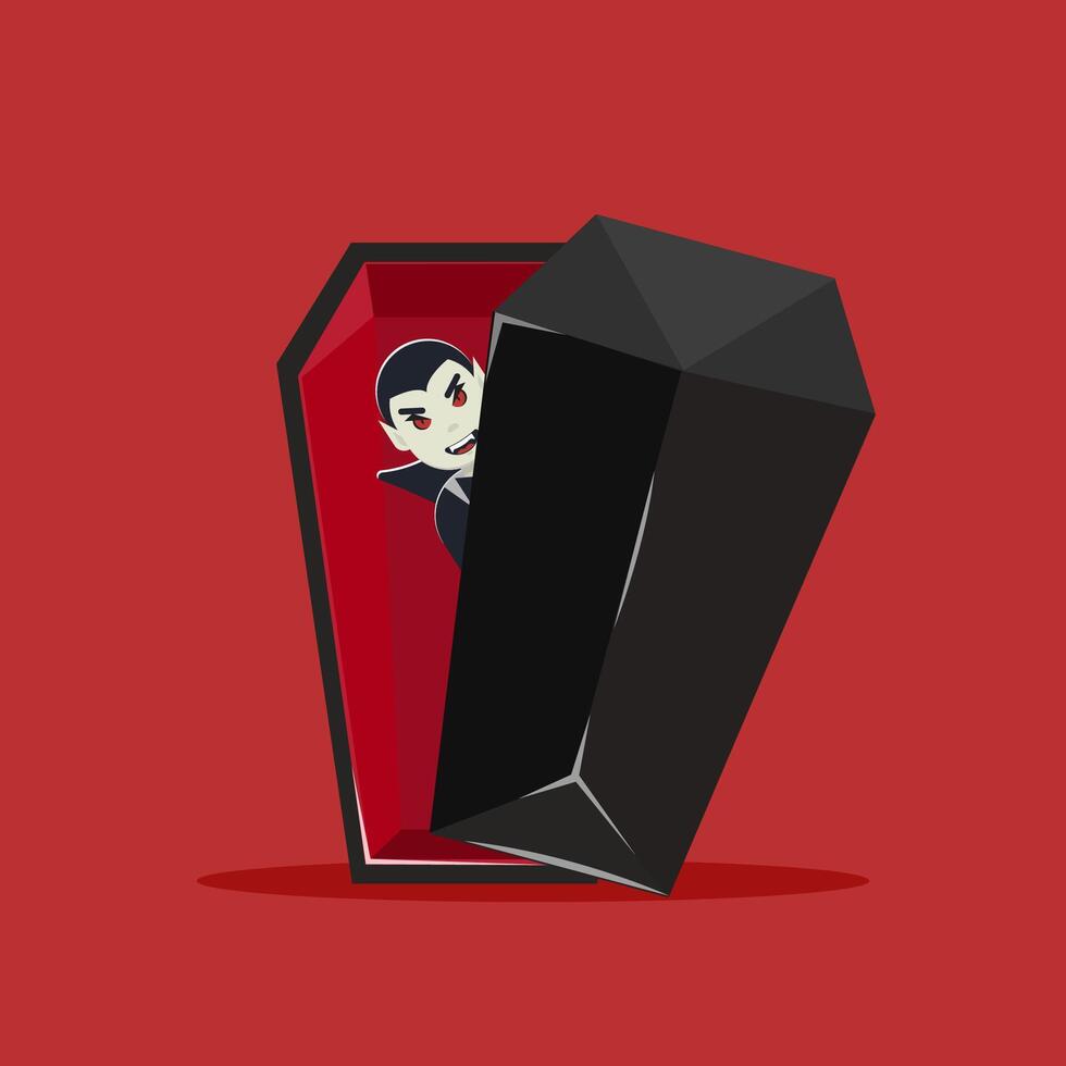 Flat illustration happy halloween, dracula's coffin with dracula character vector