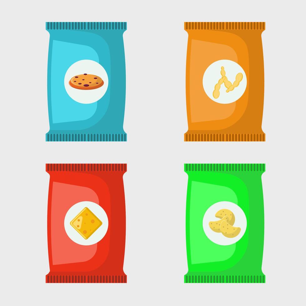 Flat illustration set of snack, crunchy snack, potato, biscuit chips vector
