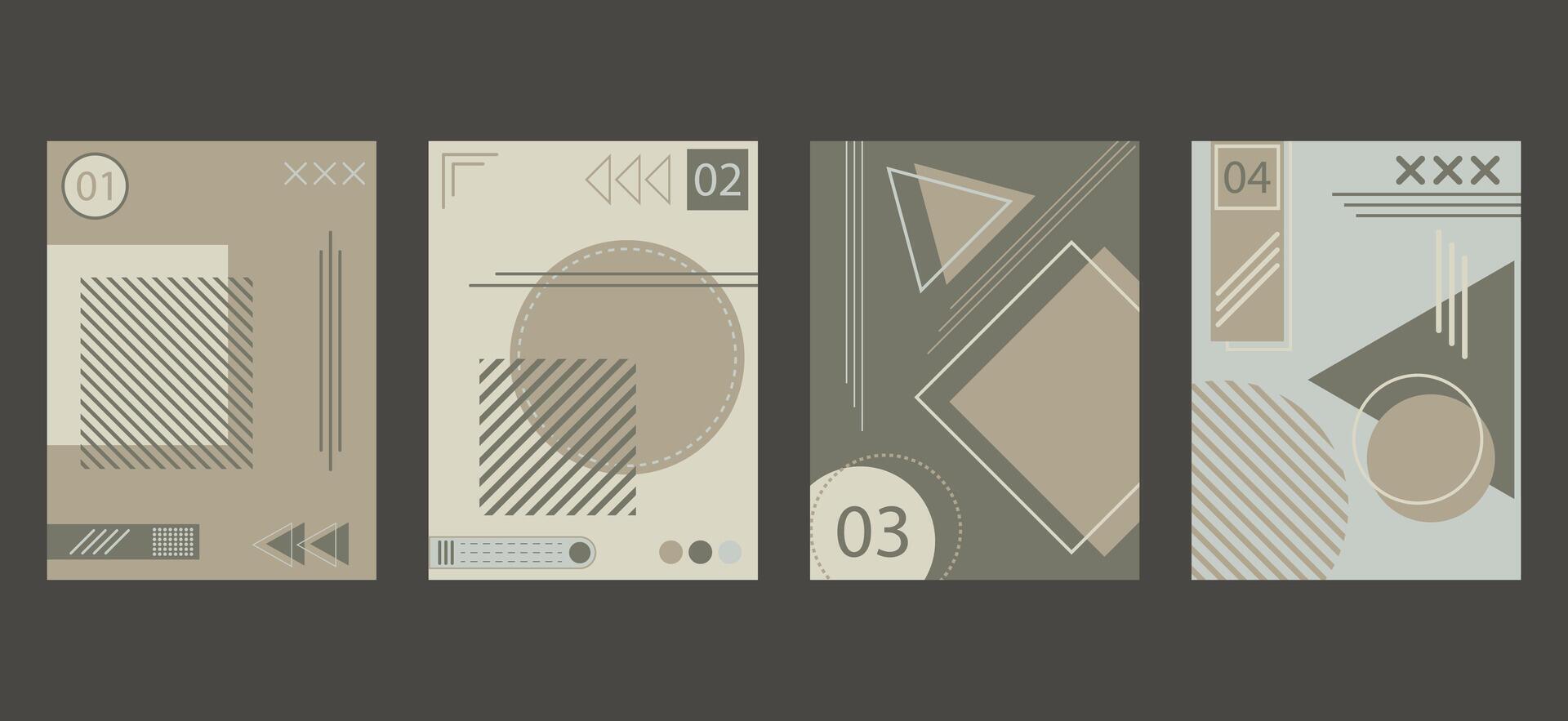 abstract brochure covers set in modern minimalist geometric design. Memphis style background templates with circle, triangle, hexagonal and squares shapes elements composition vector