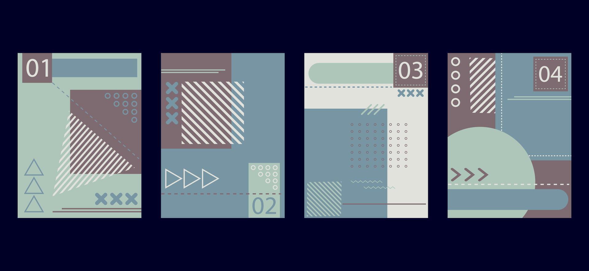 abstract Memphis style background brochure book covers set in modern minimalist geometric design templates with circle, triangle, hexagonal and squares shapes vector