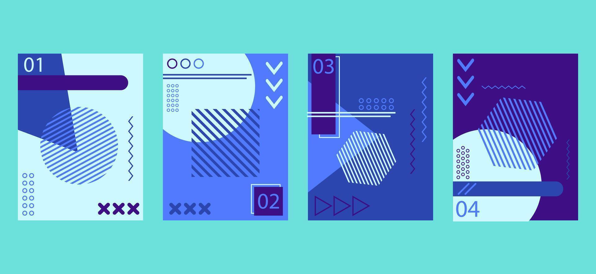 Memphis style background templates with circle, triangle, hexagonal and squares shapes elements composition, abstract brochure book covers set in modern minimalist vector