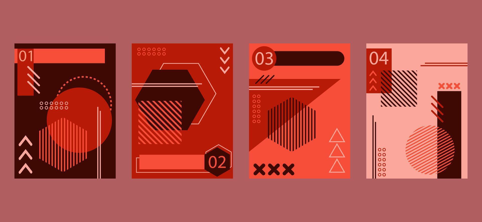 circle, triangle, hexagonal and squares shapes abstract brochure book covers set in modern minimalist geometric design. Memphis style background templates with elements composition vector