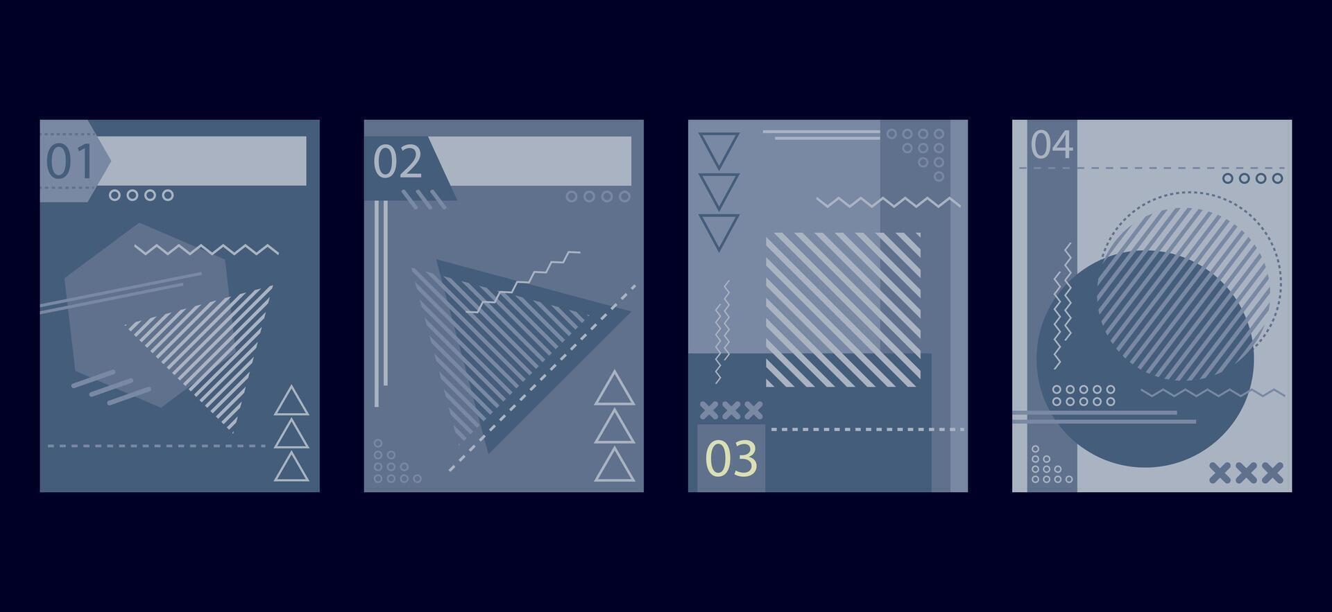 abstract geometric brochure book covers set in modern minimalist design. Memphis style background templates with circle, triangle, hexagonal and squares shapes vector