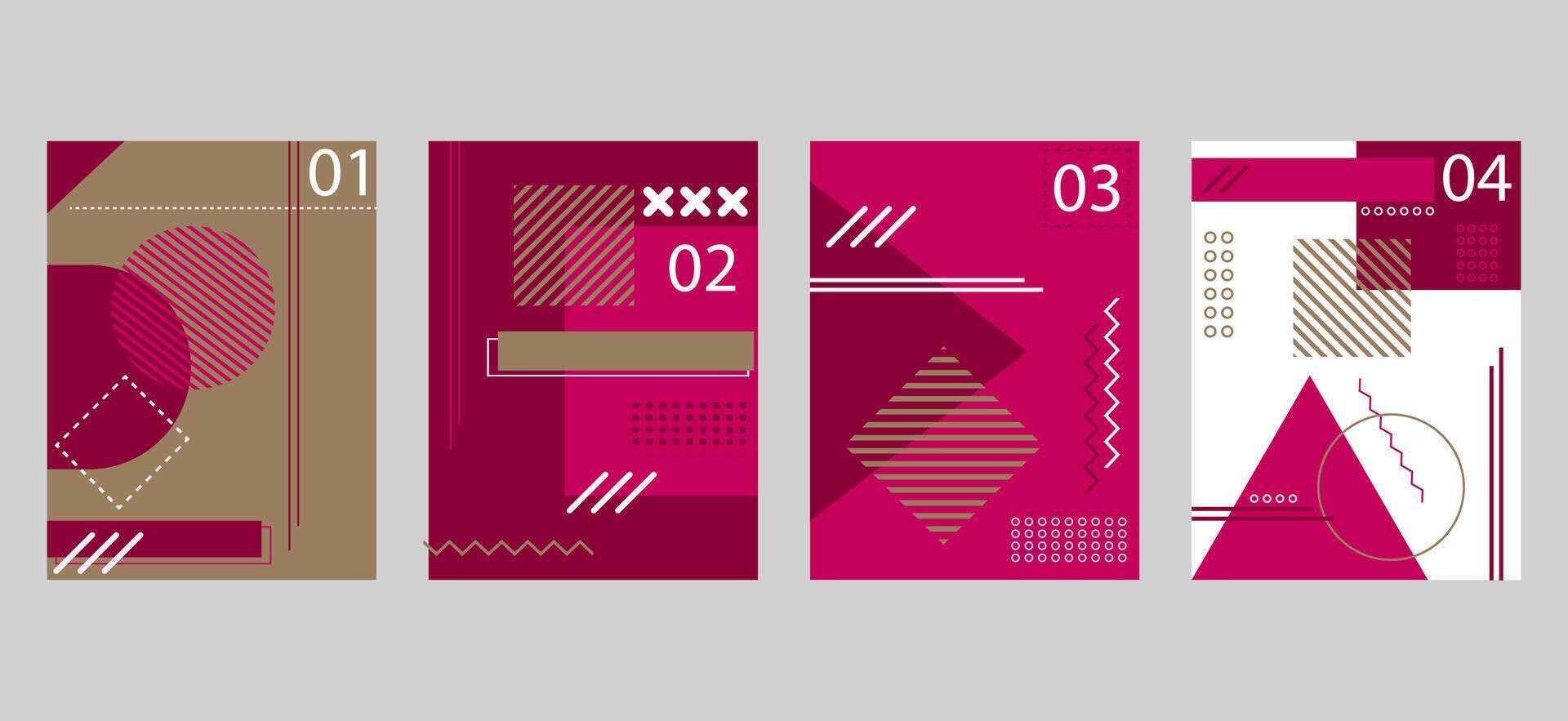 background abstract brochure book covers set in modern minimalist geometric design. Memphis style background templates with circle, triangle, hexagonal and squares vector