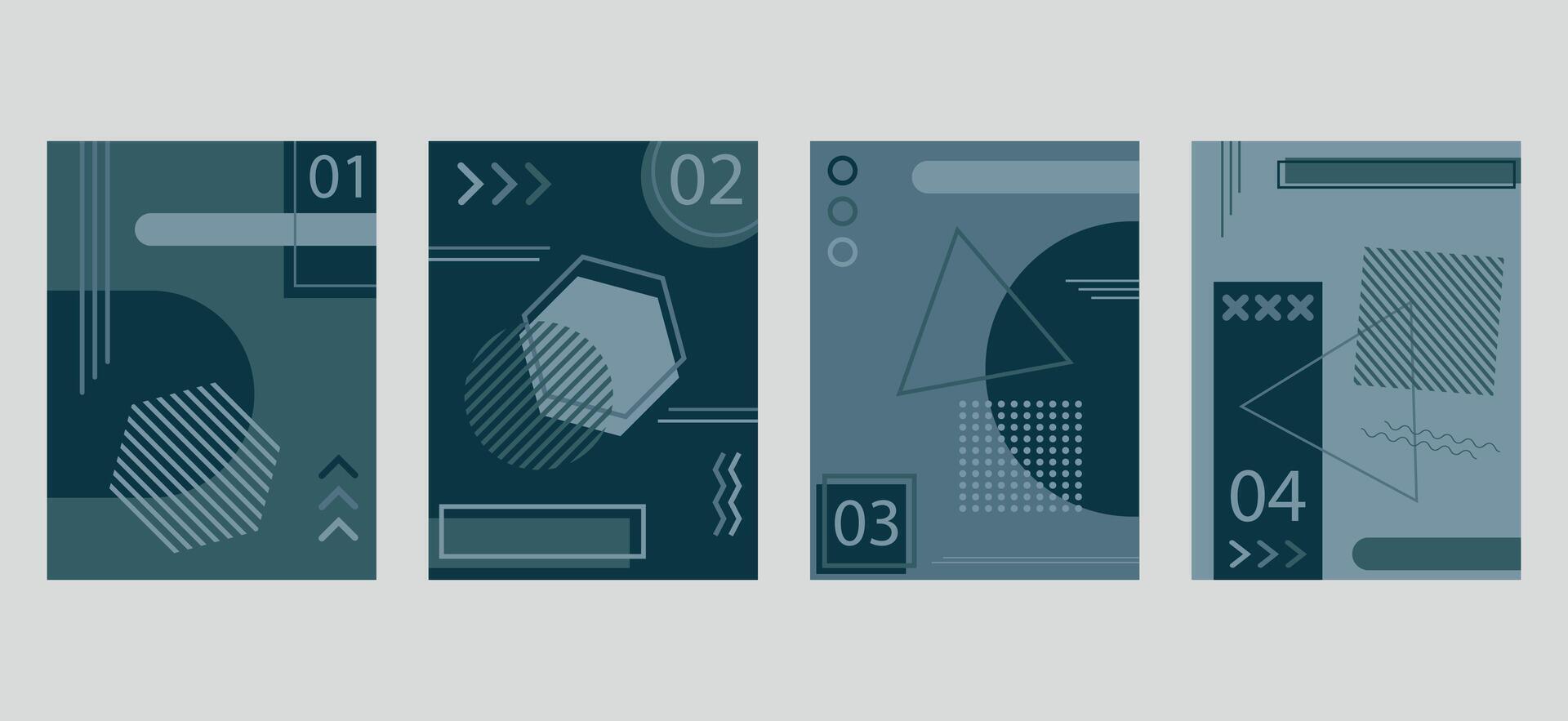 abstract brochure book covers set in modern minimalist geometric design. Memphis style background templates with circle, triangle, hexagonal and squares shapes elements composition vector