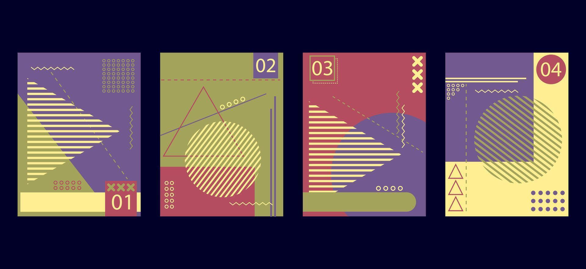 brochure book covers set in abstract modern minimalist geometric design. Memphis style background templates with circle, triangle, hexagonal and squares shapes vector