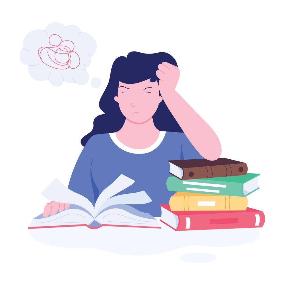 Girl taking study stress, flat illustration vector