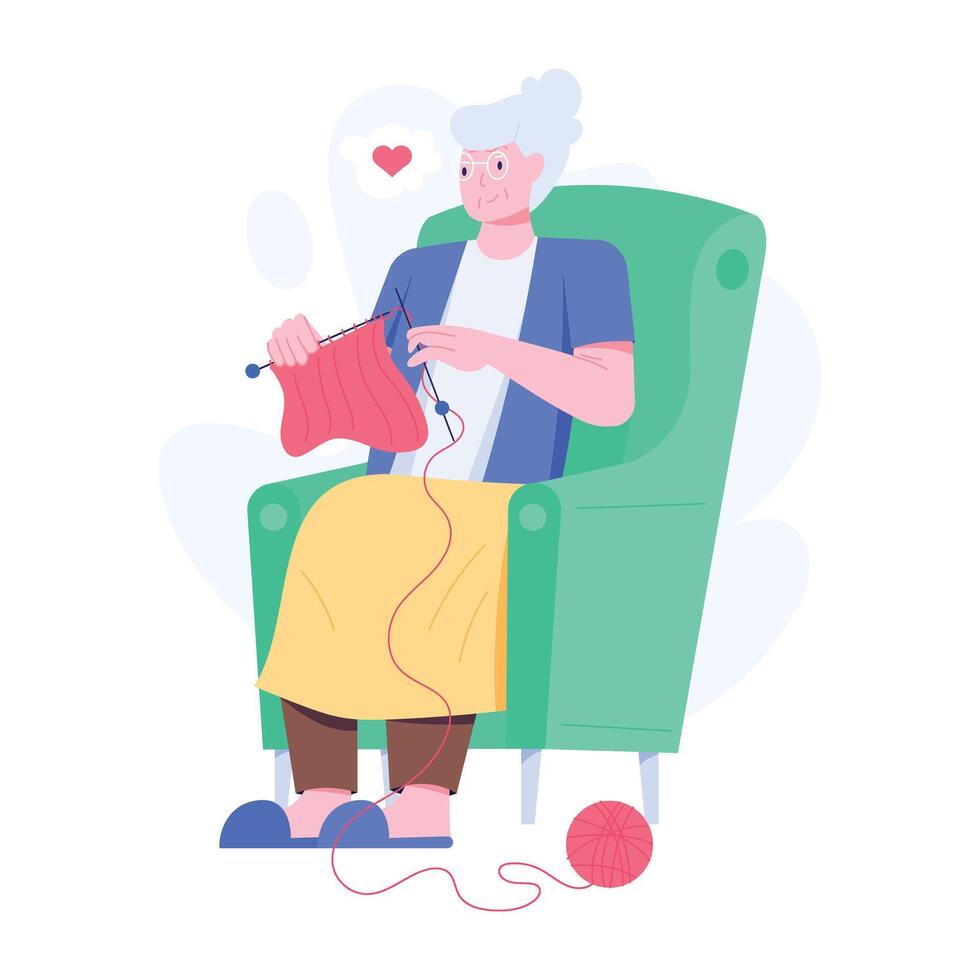 Grandma thinking while knitting, flat illustration vector