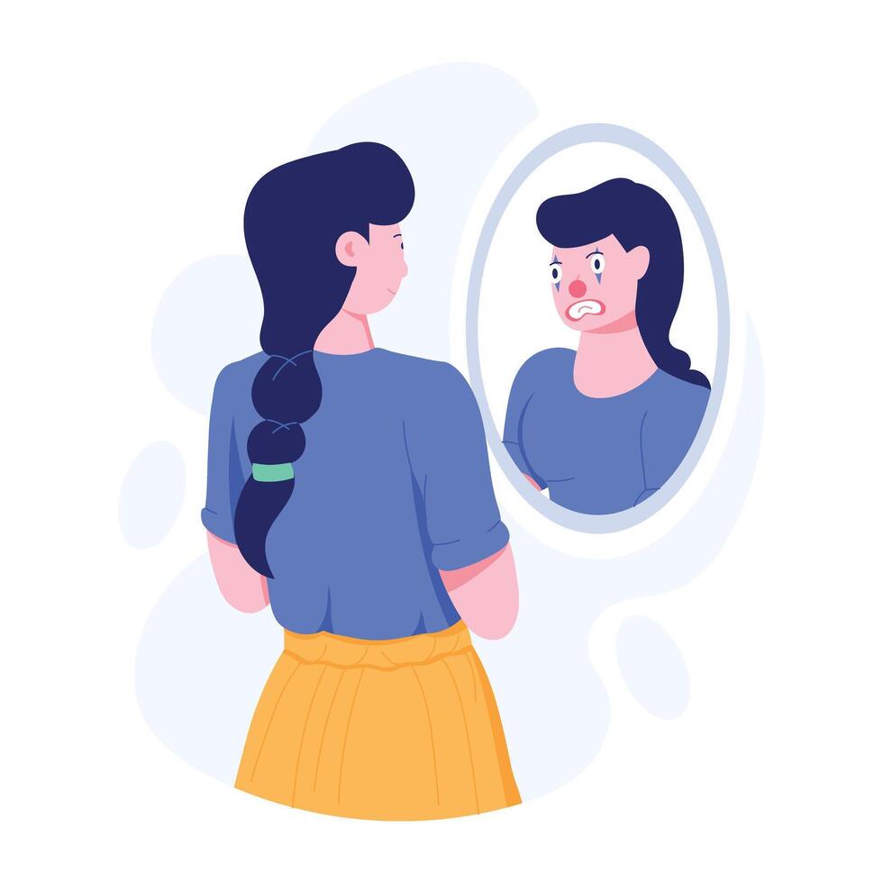 Girl looking in mirror and feeling self hate, flat illustration vector