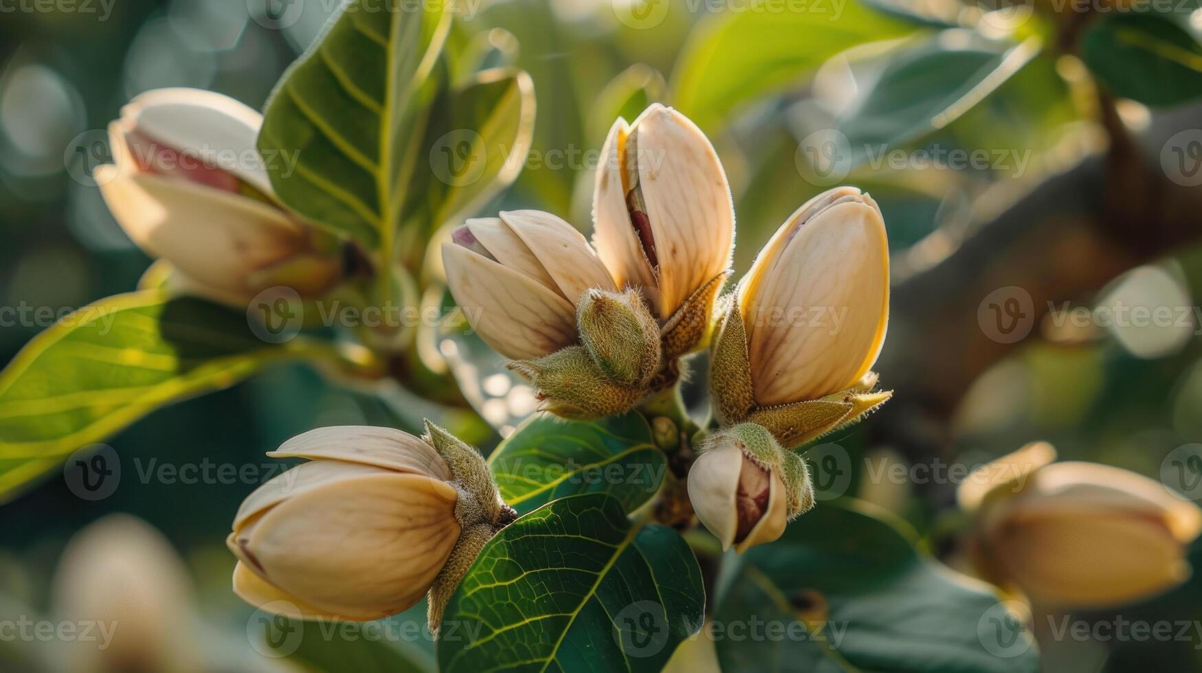 Branch of pistachio tree with ripe nuts and stems photo
