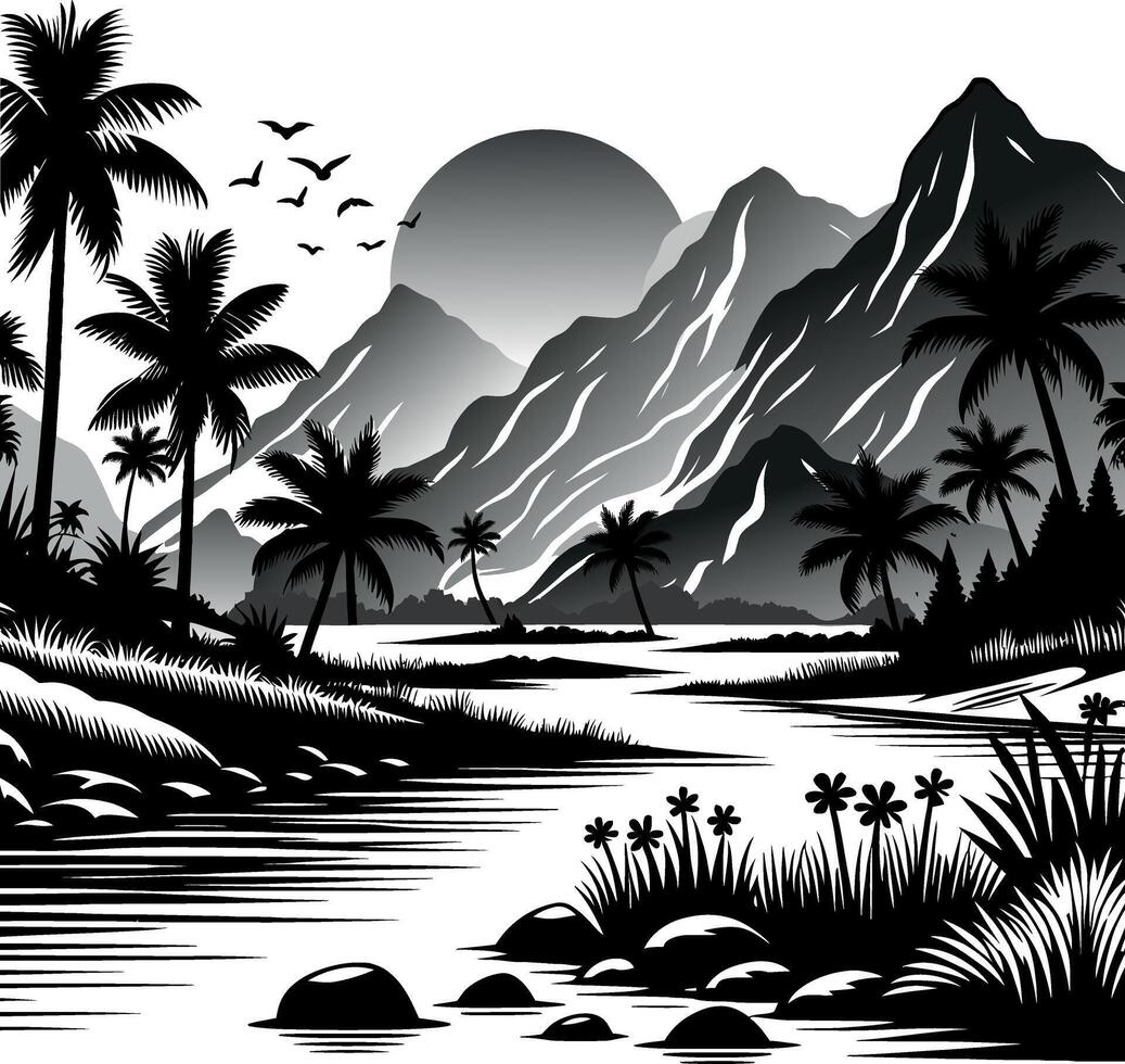 Beautiful landscape with mountain river and tree Silhouette vector