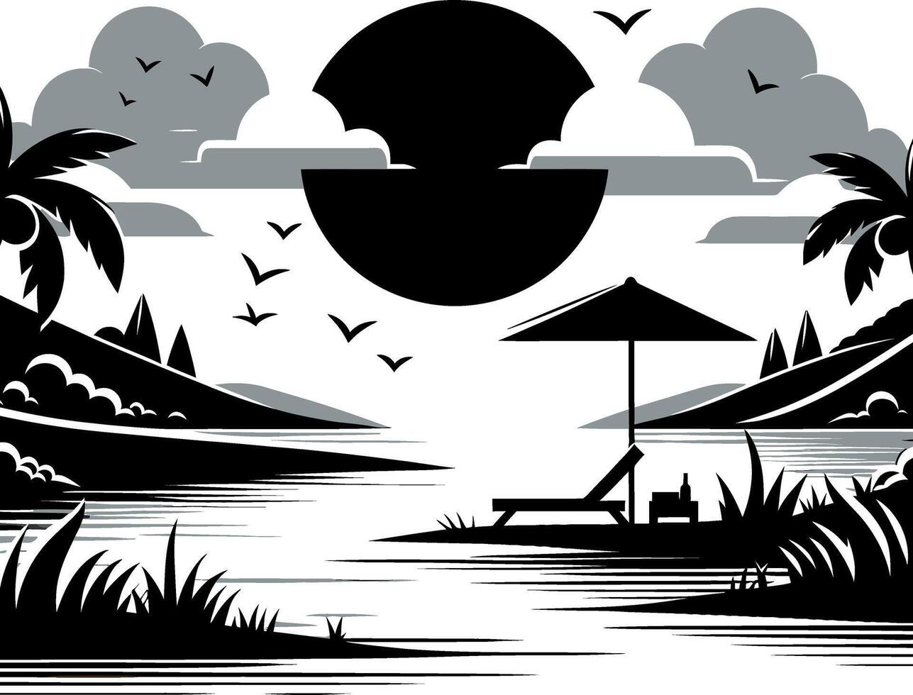 Beautiful landscape with mountain river and tree Silhouette vector