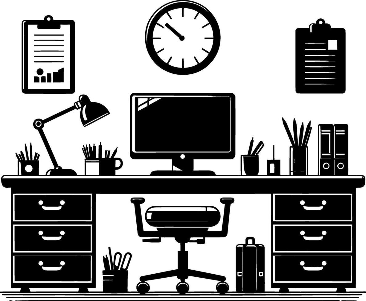 office desk black silhouette design isolated background vector