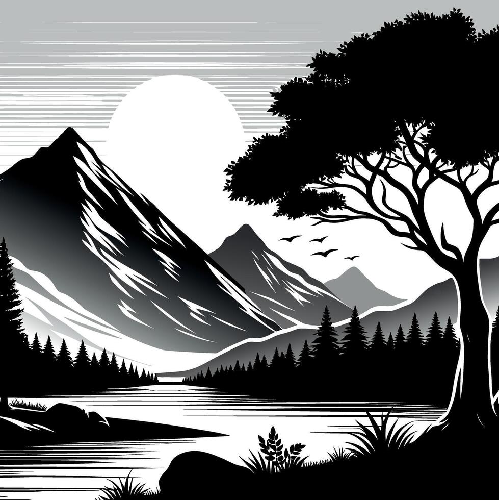 beautiful landscape black and white silhouette Scenery background vector