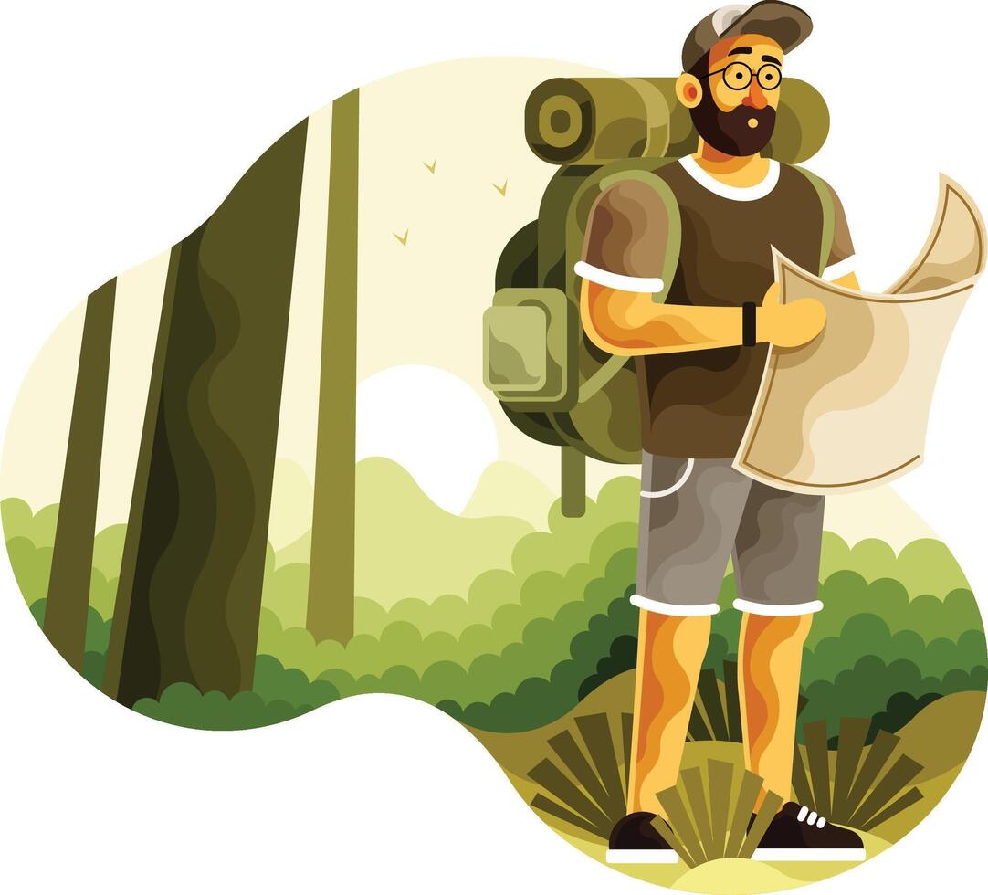 Backpacker with Map Search Directions in Wilderness vector