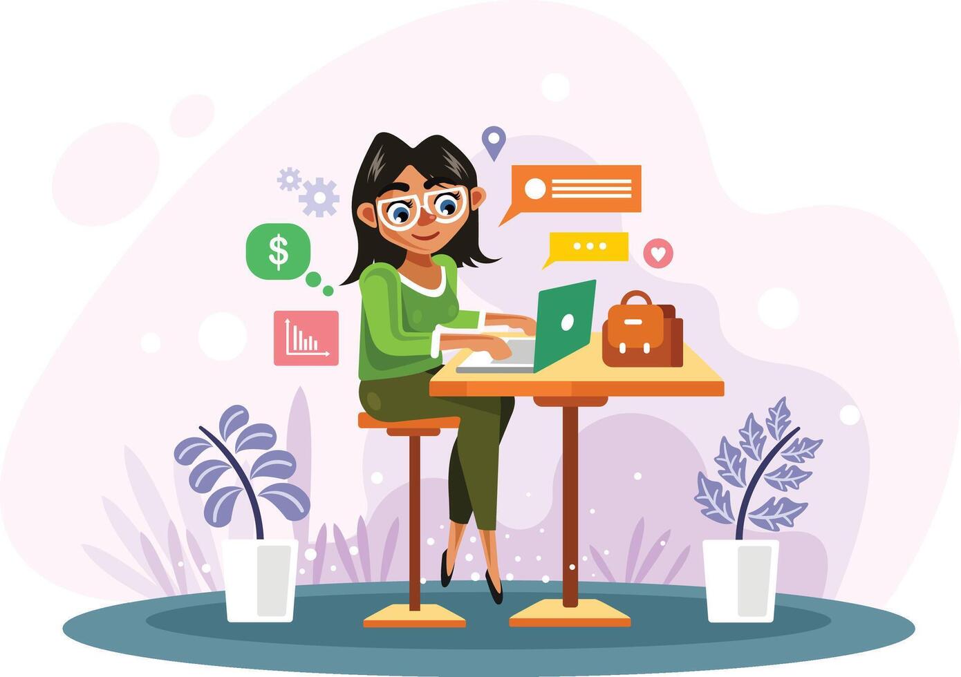 Woman is Working with Laptop Illustration vector