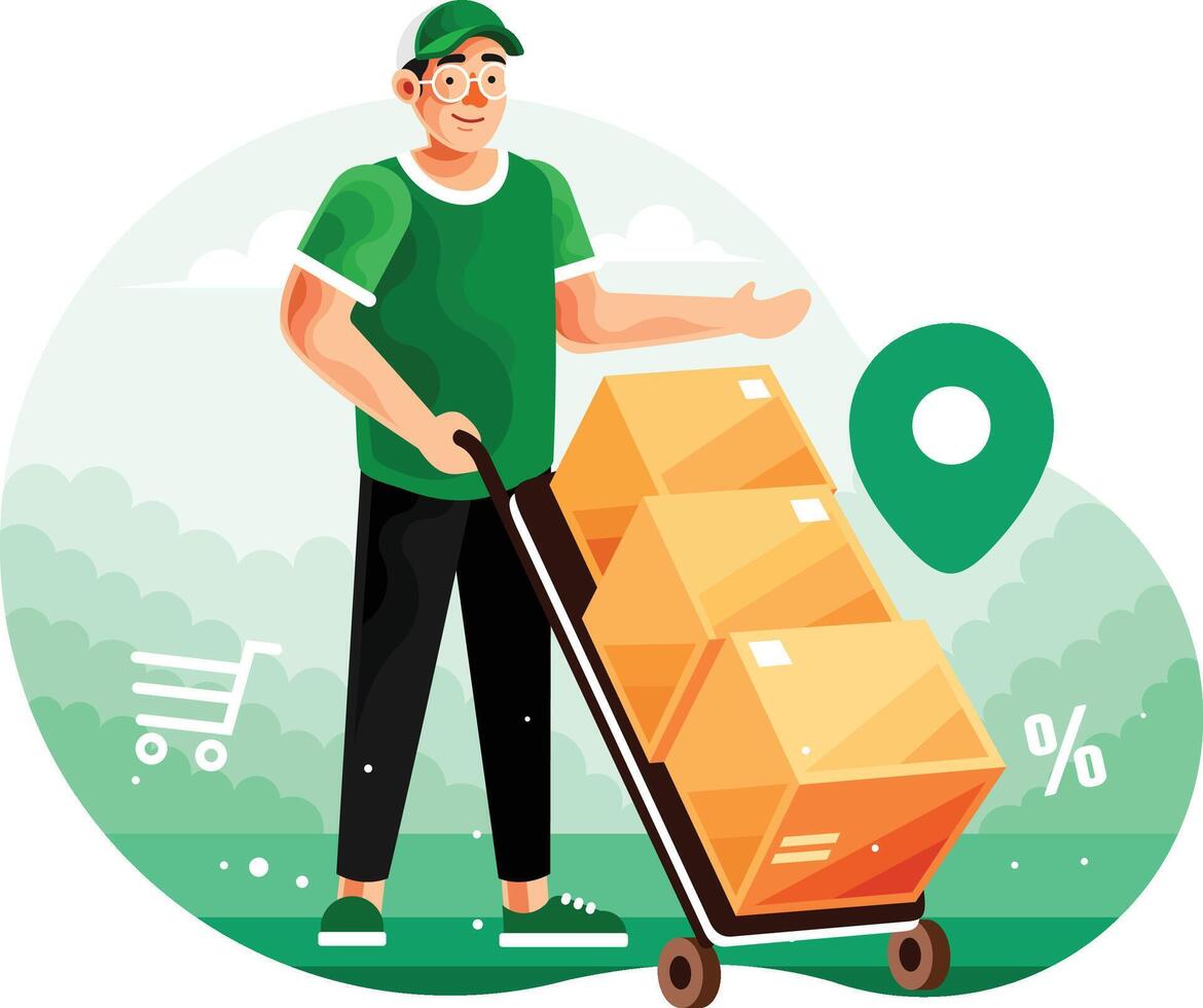 Delivery Courier Pushing a Trolley with Cardboard Boxes vector