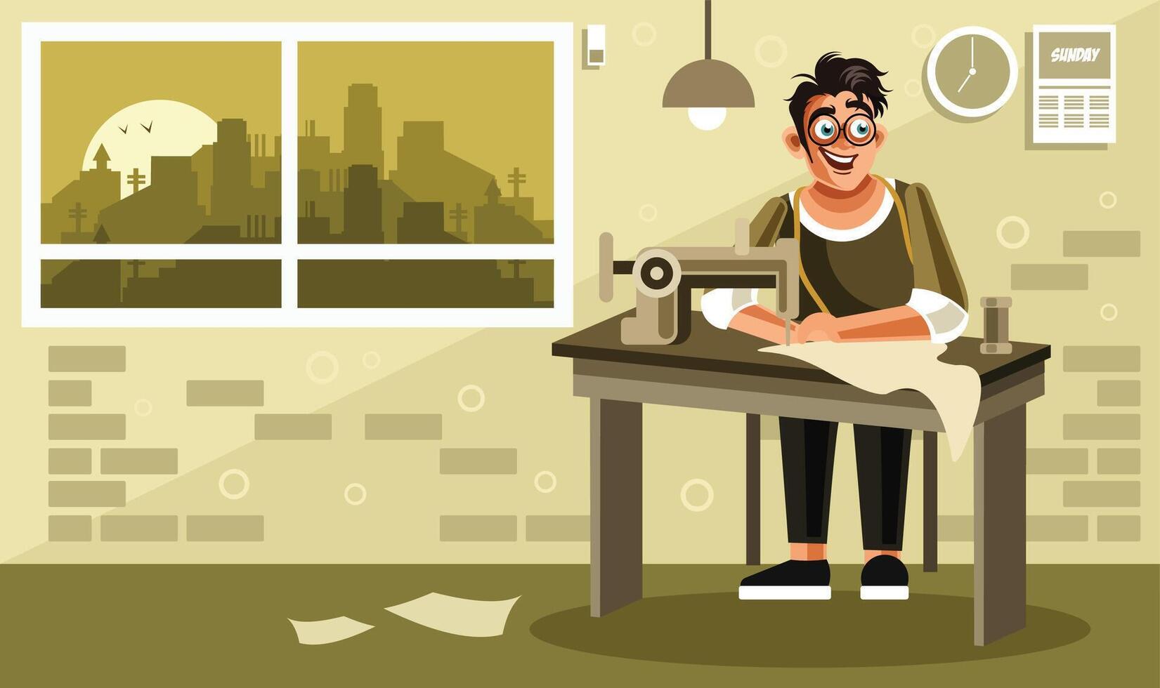 Young man tailor sewing clothes by sewing machine vector
