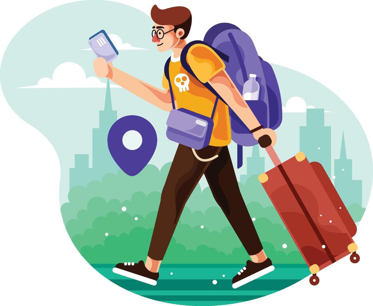 Man Traveler Walking in the City Carry a Suitcase vector