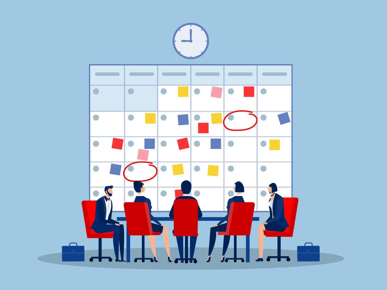 Time management, planning for team concept.Company business team working together planning and scheduling their operations agenda on a big spring desk calendar. vector