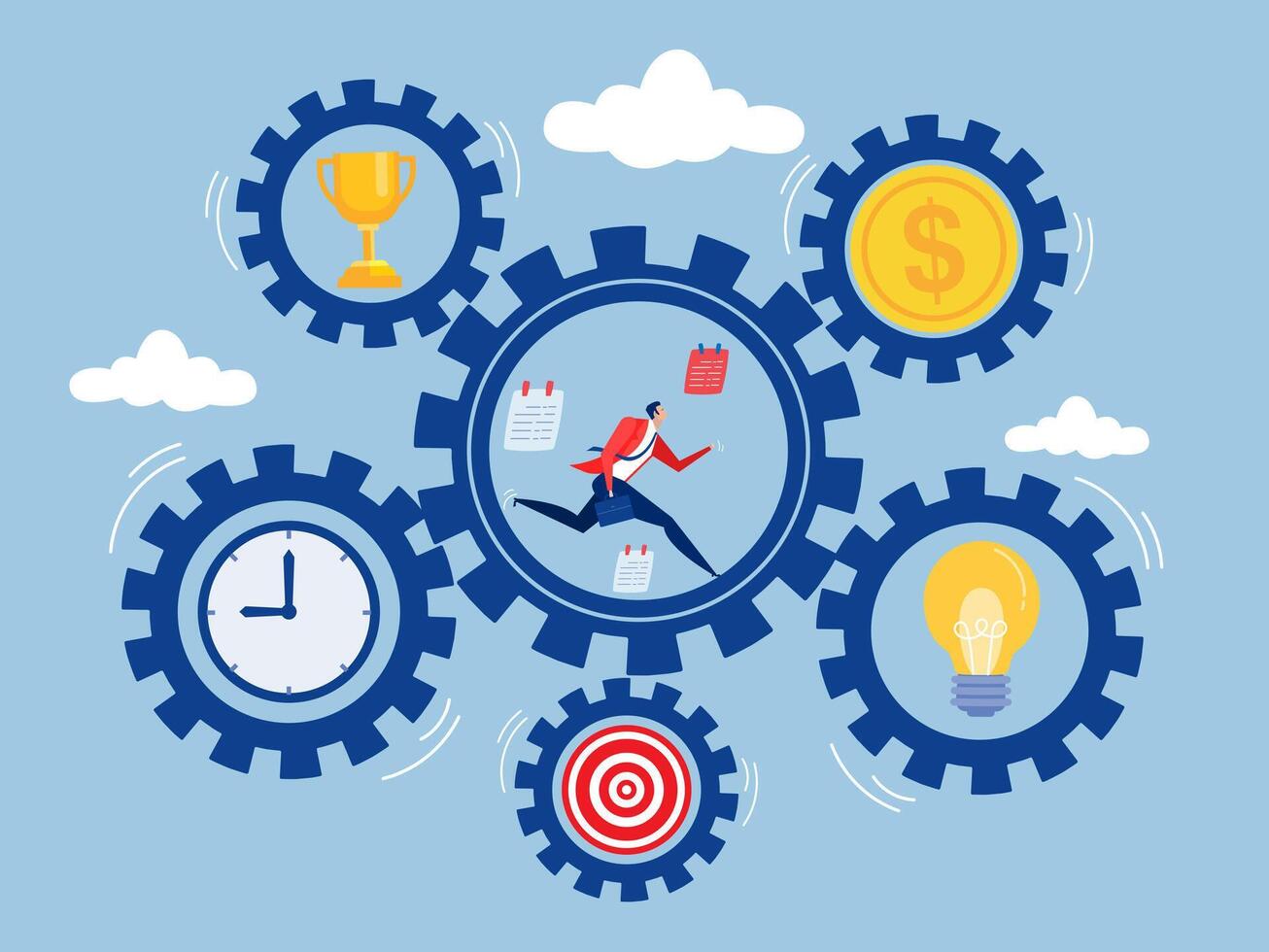 Businessman Running on Gear,Effort and time to make money, Success long term investment, Deadline effect to make people finish work, Running with full effort inside gear cogs vector