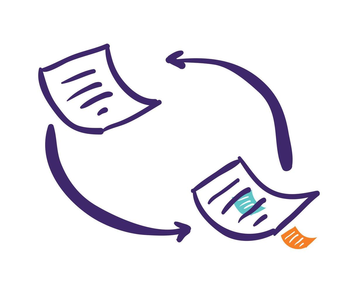 Simplified illustration of two documents with arrows forming a circular motion, indicating a workflow or review process. One document has text, the other a green checkmark vector