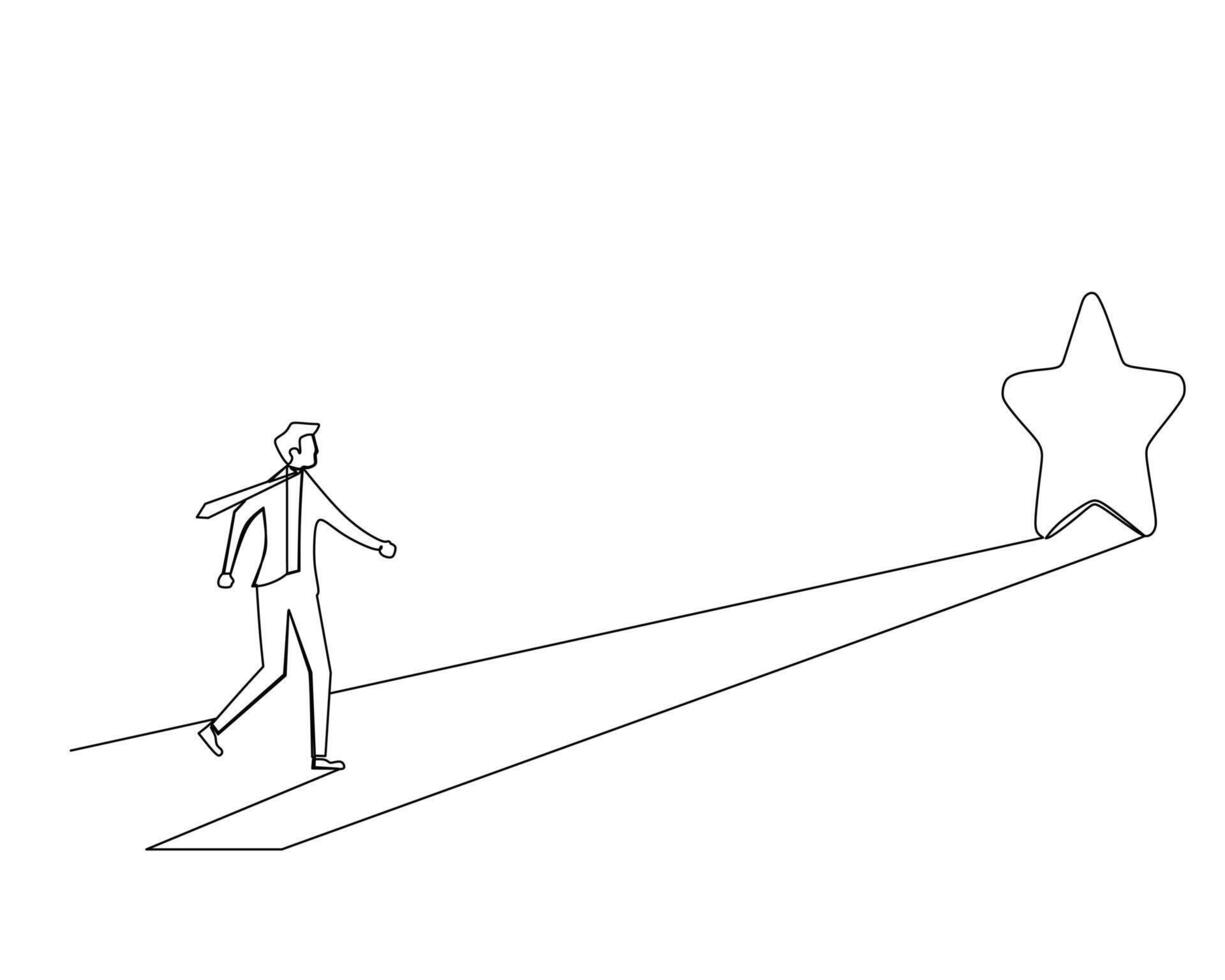 Minimalist line drawing of a person walking towards a star on a path, symbolizing the pursuit of goals and aspirations. The image emphasizes determination and ambition in reaching ones dreams vector