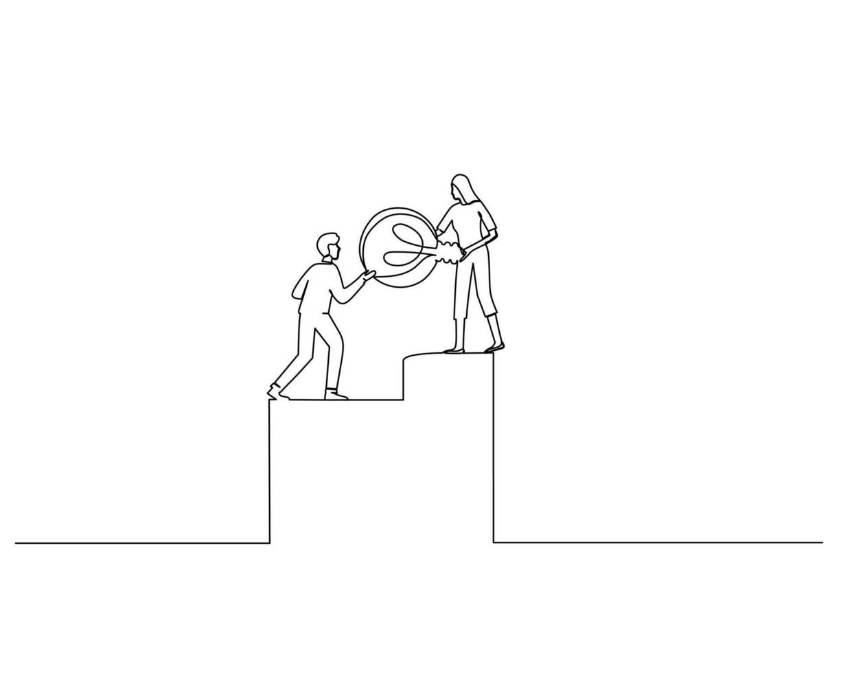 Two figures on different height platforms reaches up and leans down to hand over a circular object vector
