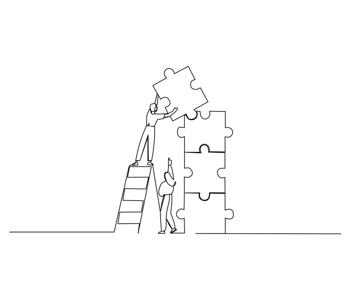 line drawing of two individuals assembling a puzzle. One person stands on a ladder, placing a large puzzle piece into the top gap of an almost completed jigsaw puzzle, teamwork concept vector