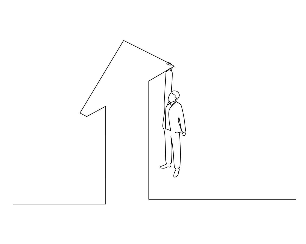 Minimalist line drawing of a figure standing inside a tall structure shaped like the number one, holding an arrow pointing upwards. This image symbolizes ambition, progress, and striving for success vector