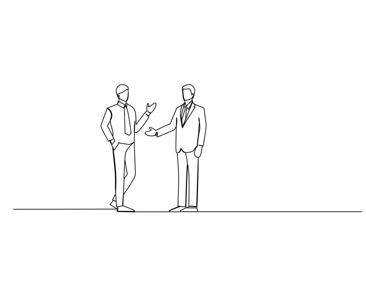 Minimalist line drawing of two human figures facing each other, with one gesturing with a raised hand. This image symbolizes communication, interaction, and possibly a conversation or discussion vector