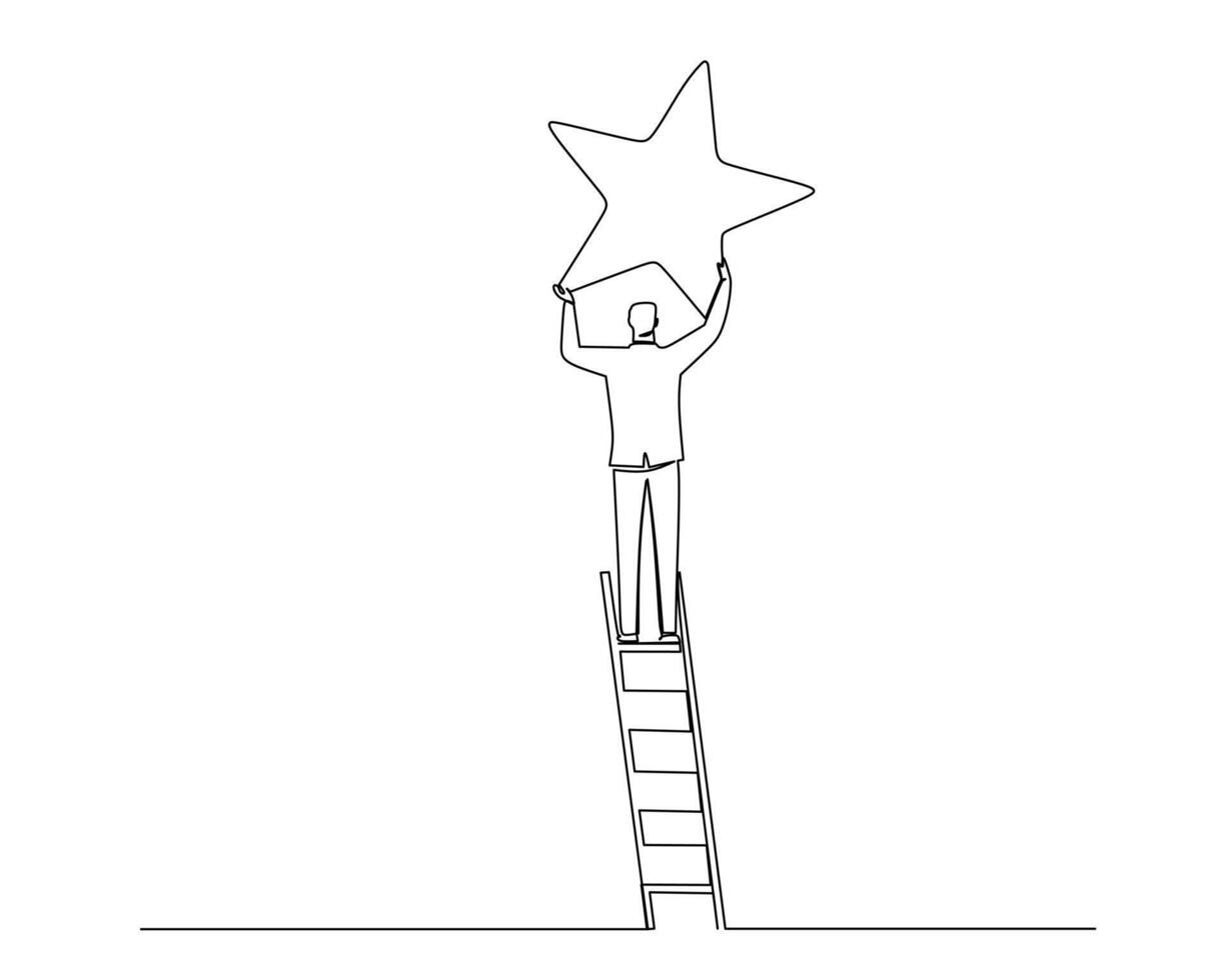 Minimalist line drawing of a person standing on a ladder, reaching up to place a star. This image symbolizes achievement, aspiration, and reaching for goals, emphasizing determination and success vector