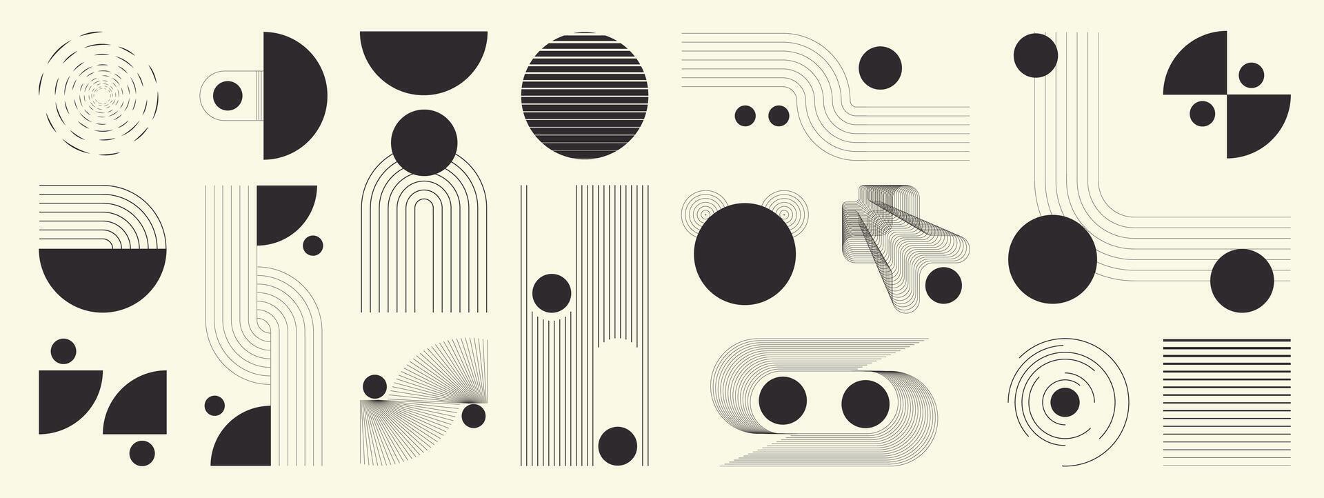 Hand drawn abstract minimal element mid century set. Aesthetic contemporary stripe line art, geometric shape in monochrome colour. vector