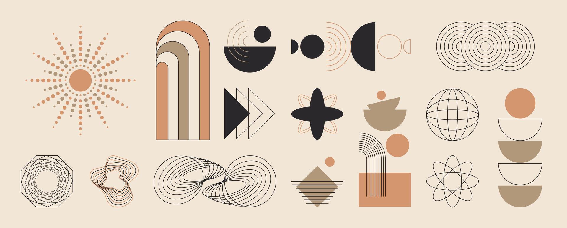 Hand drawn abstract minimal element mid century set. Aesthetic contemporary stripe line art, geometric shape in monochrome. Art form design for wall art, decoration, wallpaper. vector
