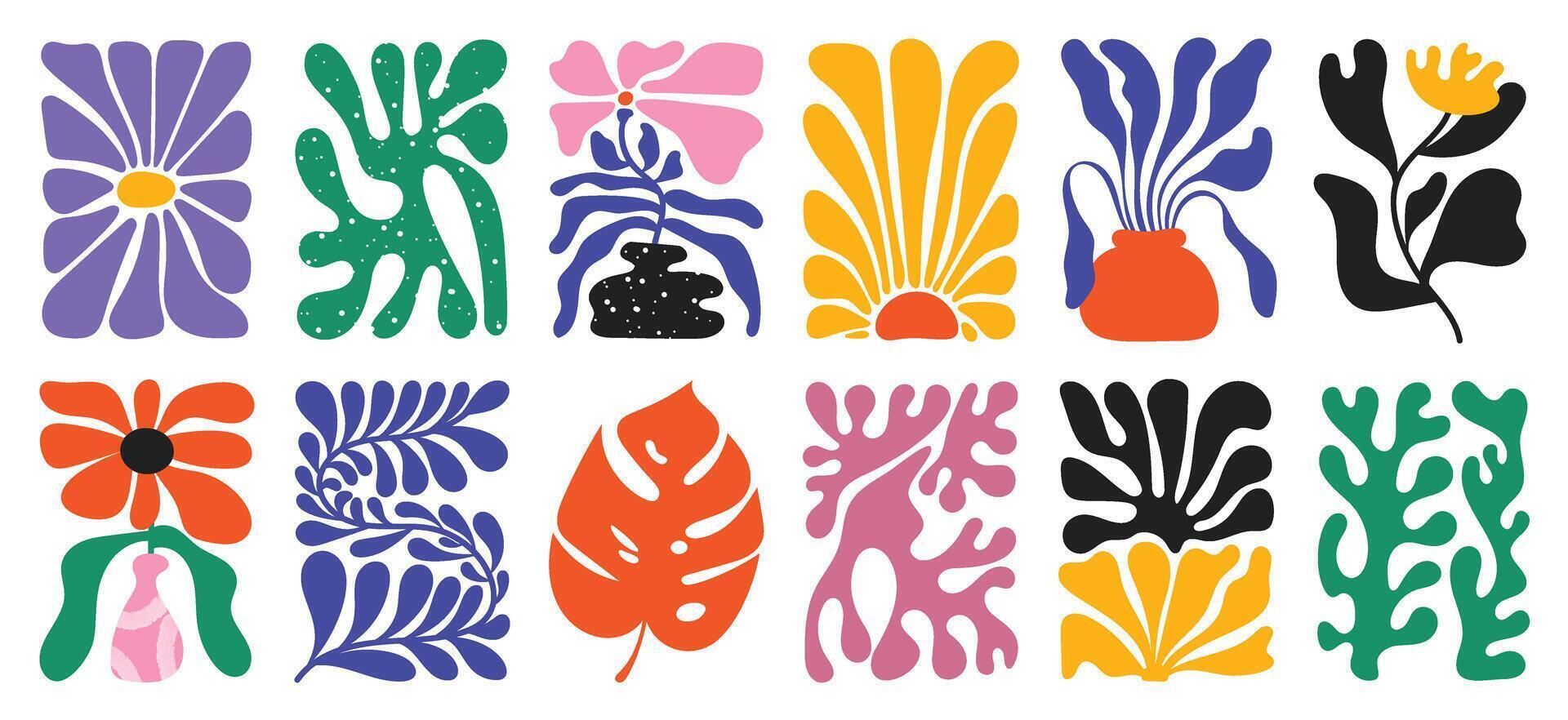 Botanical doodle background art set. Flower and leaves abstract shape doodle art design for print, wallpaper, clipart, wall art for home decoration. vector